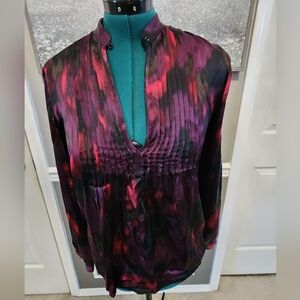 Theory Black and Pink Pleated Smocked Blouse